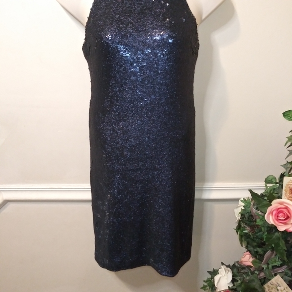 Halston Evening Sexy Bodycon Style Navy Sequinned Cocktail Dress - Picture 5 of 11